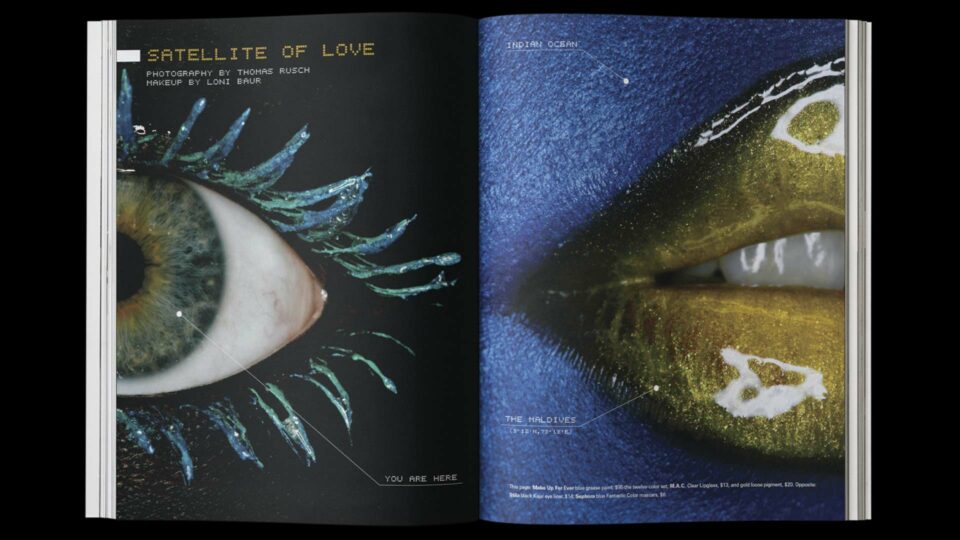 Satellite of Love beauty, finding beauty on Google Earth editorial close-up of model's eye with teal eyeshadow and island aerial view published in City Magazine, photographed by Thomas Rusch with makeup by Loni Baur and creative direction by Fabrice Frere of PlanetFab.