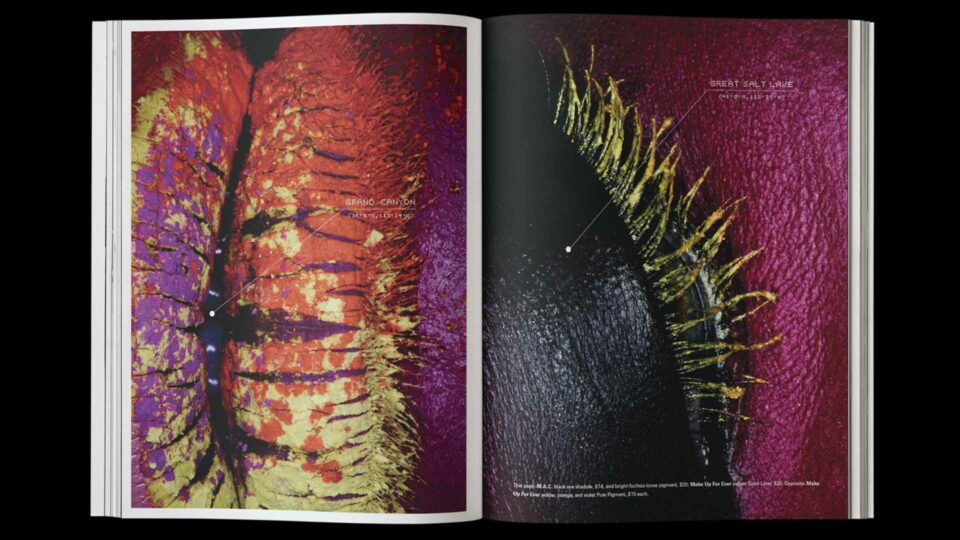 Close-up photographs of a model's eye with gold leaf makeup and feather details, reminiscent of aerial views in Google Earth, from the "Satellite of Love" beauty editorial in City Magazine, photographed by Thomas Rusch with makeup by Loni Baur and creative direction by Fabrice Frere of PlanetFab.
